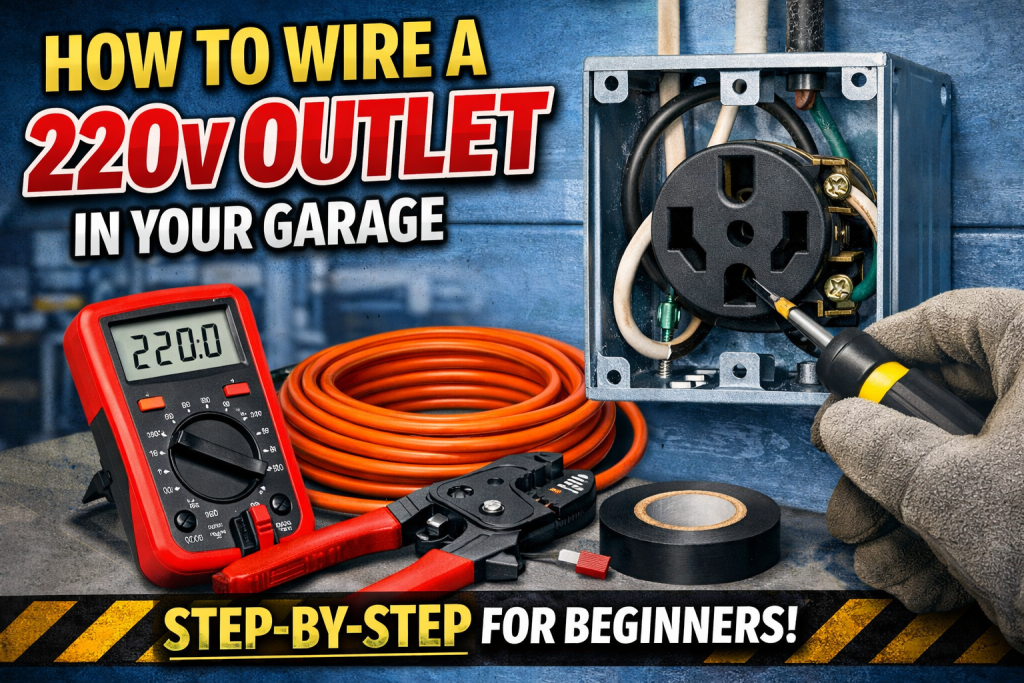 Thumbnail showing tools and a multimeter beside a partially wired 220V outlet in a garage, with bold text reading “How to Wire a 220V Outlet in Your Garage – Step-by-Step for Beginners.