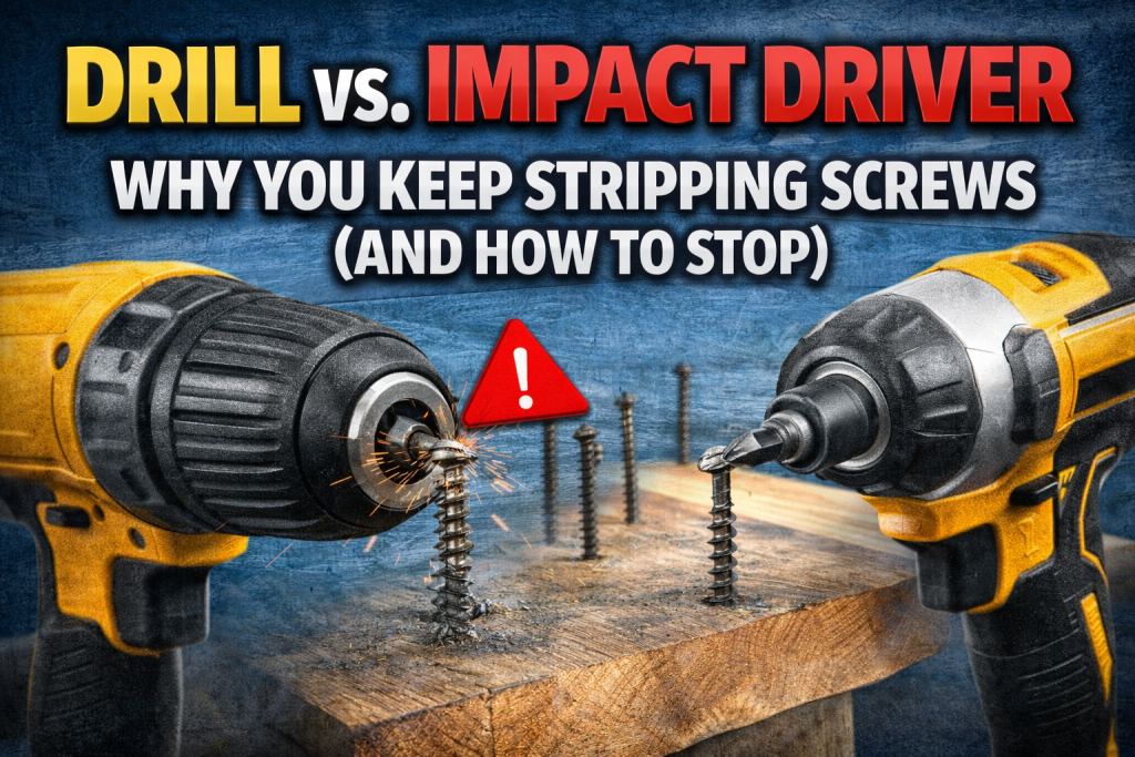 Split comparison thumbnail showing a drill stripping a screw on the left and an impact driver driving a screw cleanly on the right, with bold headline text about “Drill vs. Impact Driver” and stopping stripped screws.